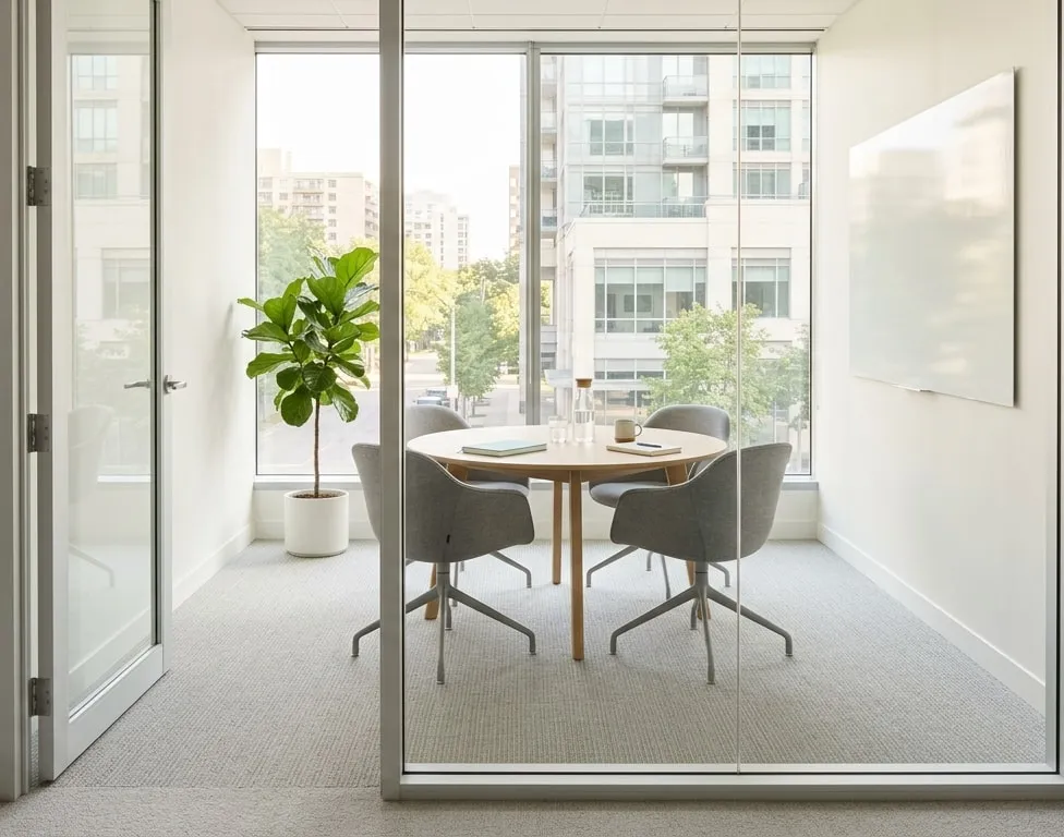 A bright, modern meeting room with a round table and chairs, morning light through large windows