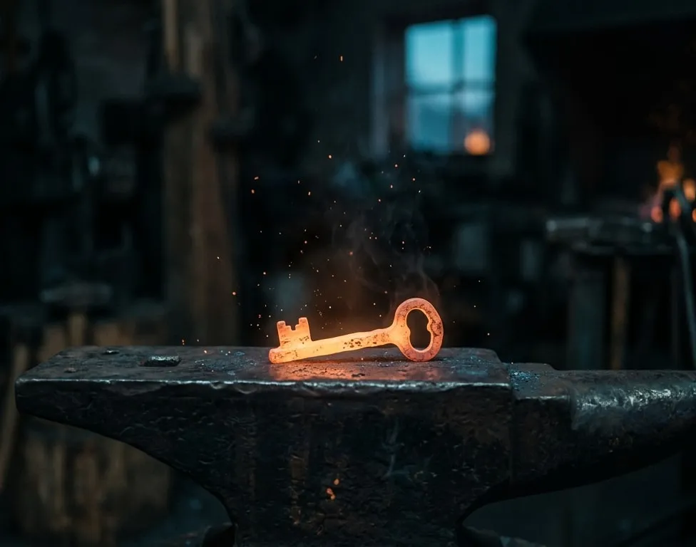 A newly forged key, still glowing warm, resting on a dark anvil with a few sparks drifting