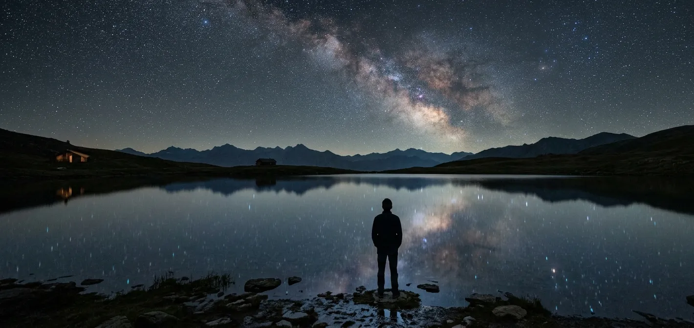 A person standing at the edge of a still mountain lake at night, looking up at the Milky Way