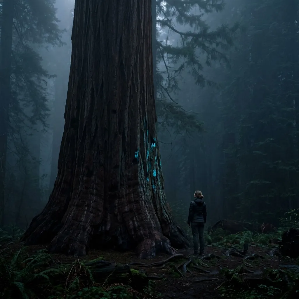 The base of a giant sequoia in morning mist, a small figure standing beside it