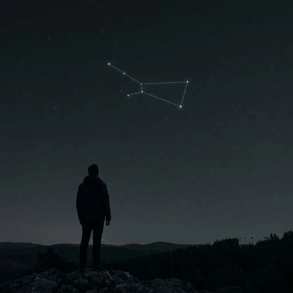 A constellation of bright stars joined by faint glowing lines in a night sky