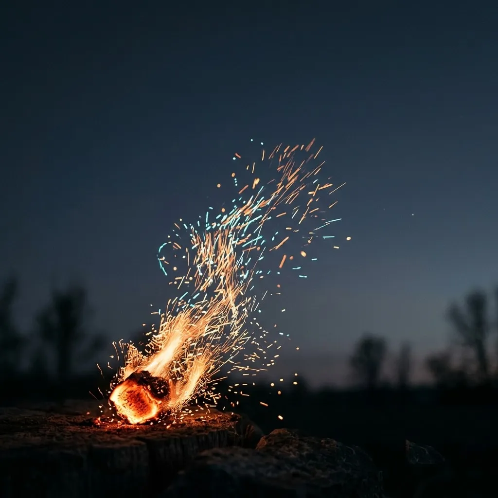 A glowing ember bursting into bright sparks against a dusk sky