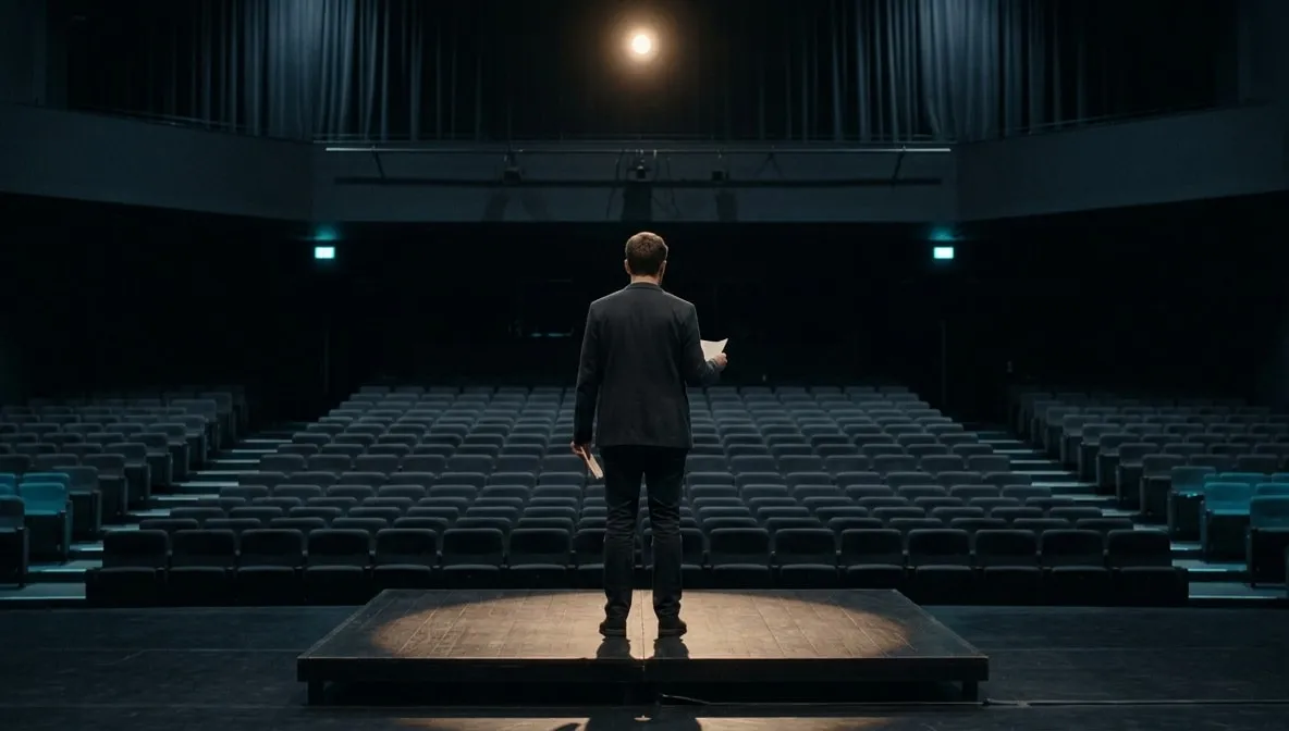 A person seen from behind rehearsing on a small stage, facing rows of empty seats in a dim auditorium