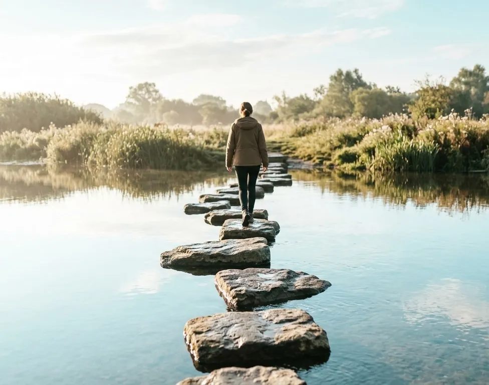 Natural stepping stones crossing calm, shallow water in soft morning light, with a clear next step visible