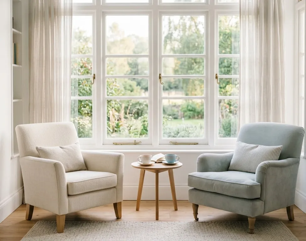 Two comfortable chairs angled toward each other beside a bright window, with two cups on a small table between them