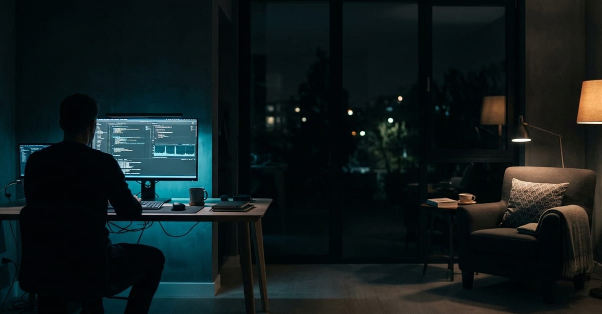 A person working late at a desk lit by a screen, an empty armchair waiting beside them