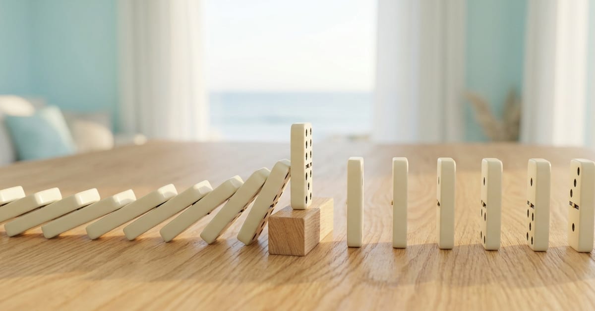 A line of dominoes on a table, one held upright by a small block so the line stops there