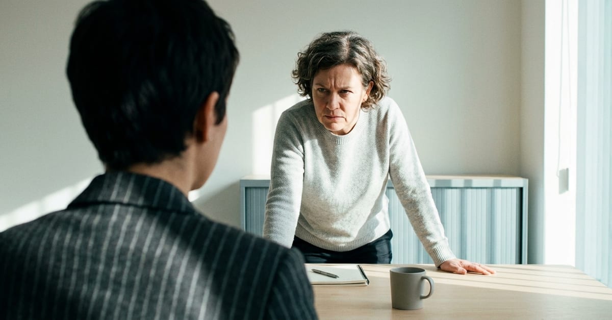 Seen over the shoulder of someone at a desk: a person opposite leaning in, tense and frustrated