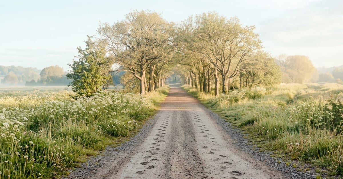 Two sets of footprints running side by side along a quiet tree-lined path