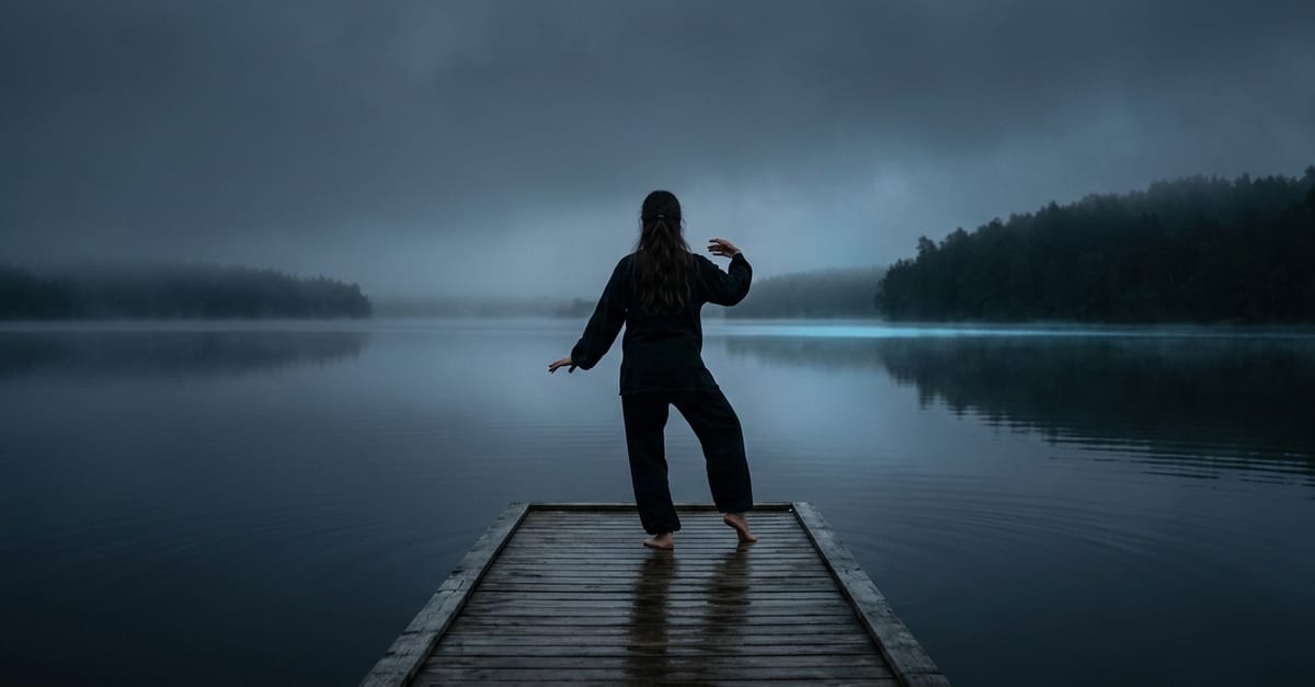 A person practising a slow martial-arts form alone on a wooden dock at dawn