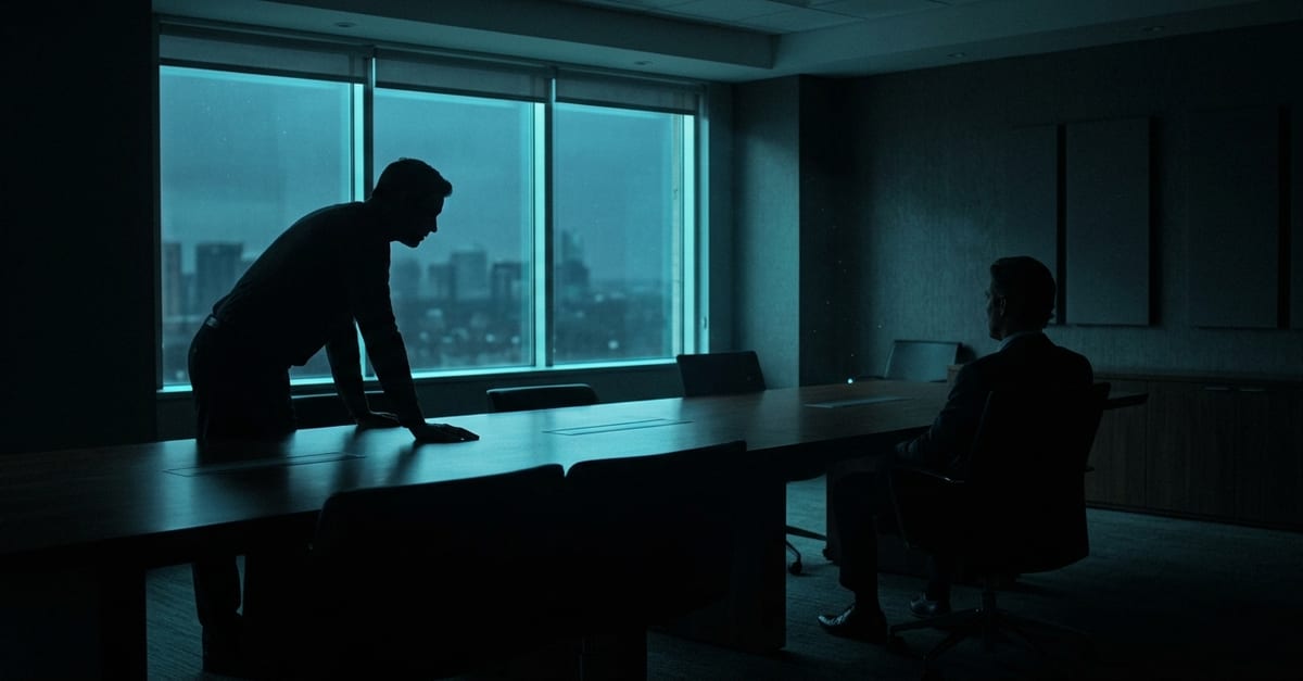 Two people in silhouette on opposite sides of a long table, one leaning in, one sitting back