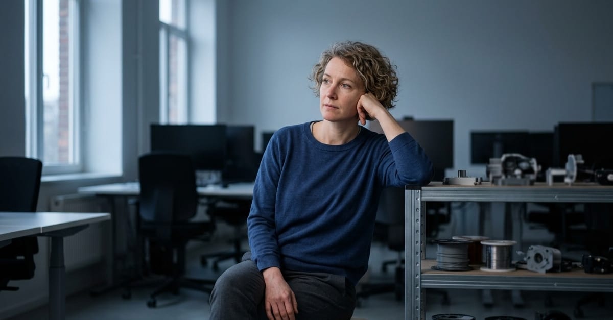 A woman sitting on a stool in an empty office after hours, chin resting on her hand, looking out the window