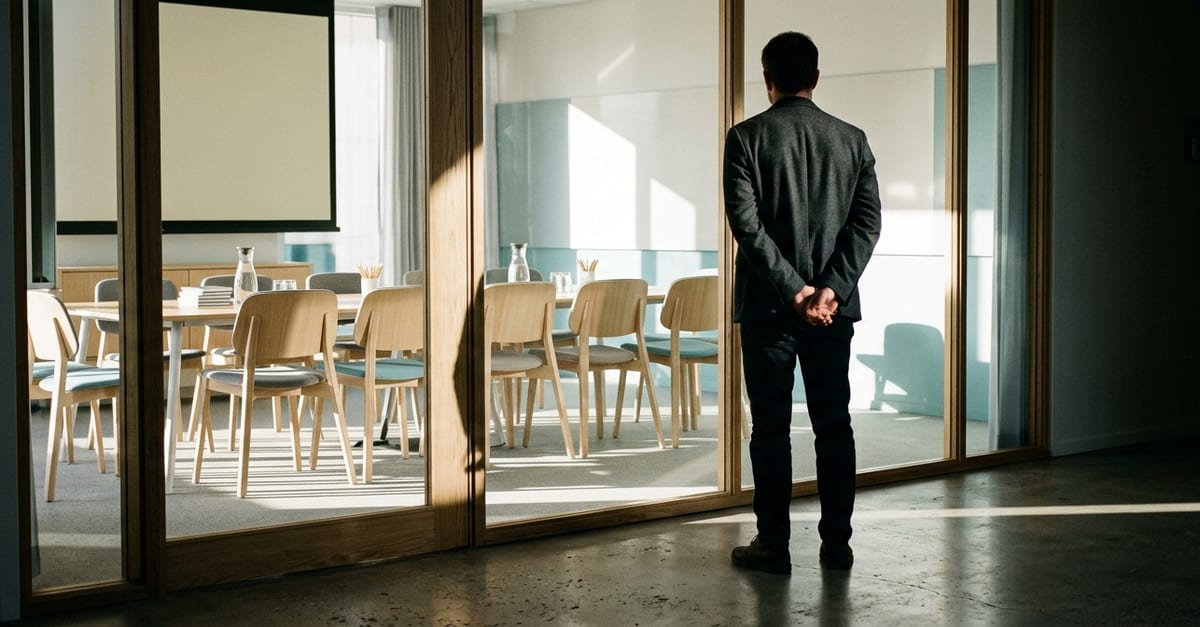 A meeting room set up and waiting, seen from a corridor where one person stands, not going in