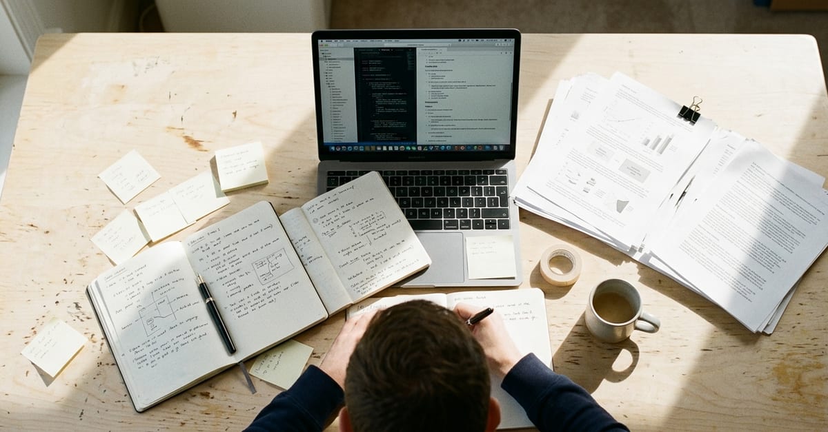 A desk from overhead, a laptop almost buried under notebooks, printouts and sketches