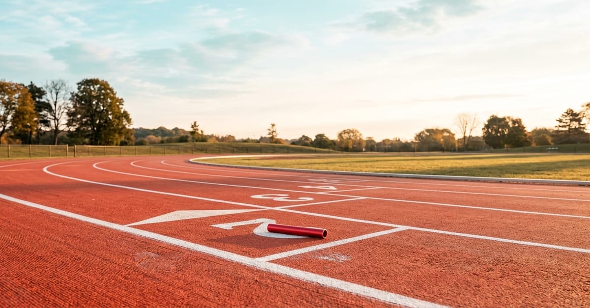 A relay baton resting on the exchange zone of an empty running track at golden hour