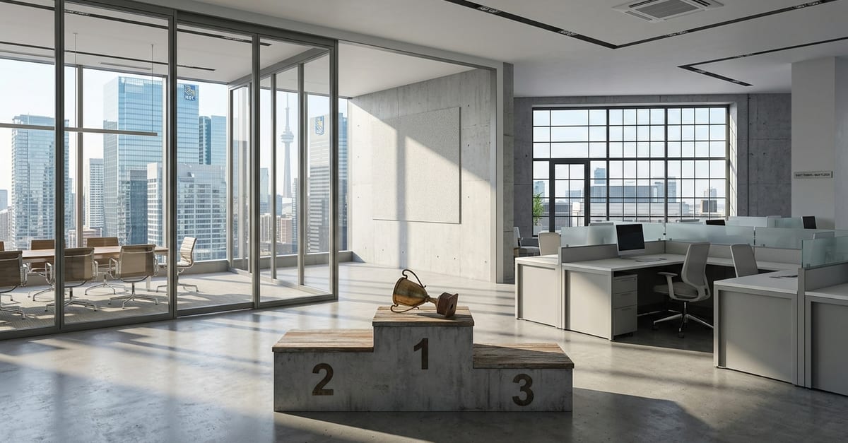A winners' podium standing alone in an empty room, a trophy knocked on its side