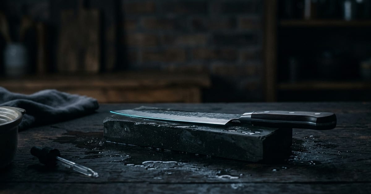 A chef's knife resting on a whetstone, a thin line of light along the blade