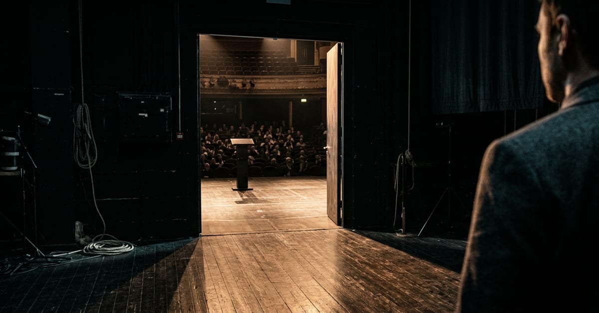 A person in the dark wings of a stage, facing the bright opening a few steps away