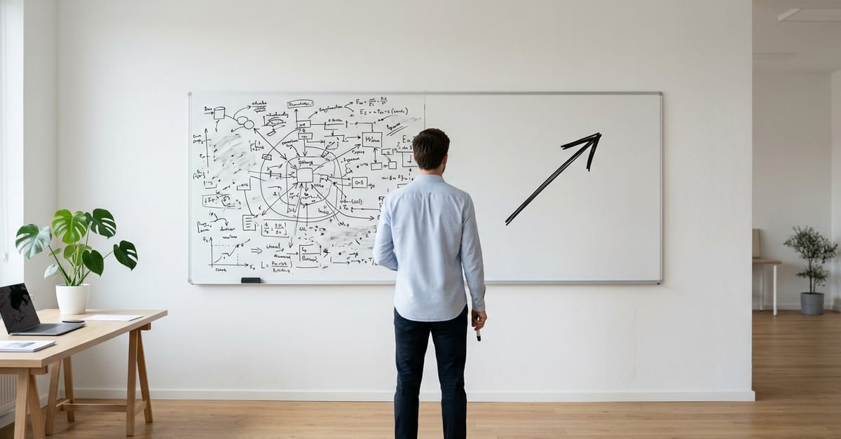 A whiteboard, one half crowded with a tangled technical diagram, the other nearly empty