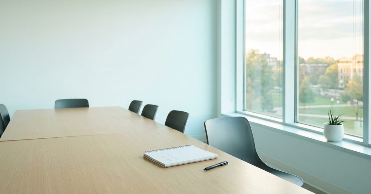 An empty meeting room in late-afternoon light, one chair turned towards the window