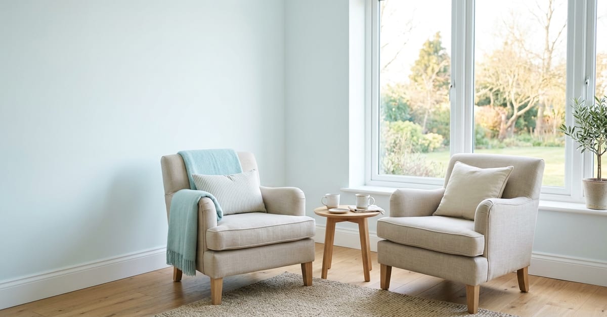 Two chairs angled towards each other beside a window in soft morning light